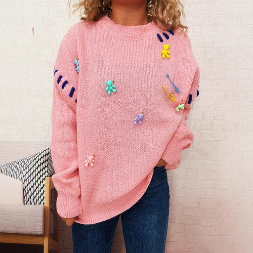 Damen Pullover mit verspieltem Bären-Motiv und dekorativen Applikationen EB