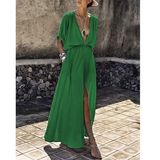 Damen Elegantes Maxikleid mit tiefem V-Ausschnitt und hohem Schlitz EB