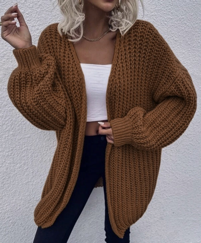Damen lässiger Grobstrick-Cardigan mit tiefen Taschen und voluminösen Ärmeln EB