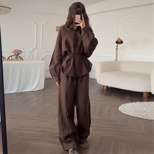 Damen lässiges Leinen-Loungewear-Set mit taillierter Bluse und weiten Hosen EB