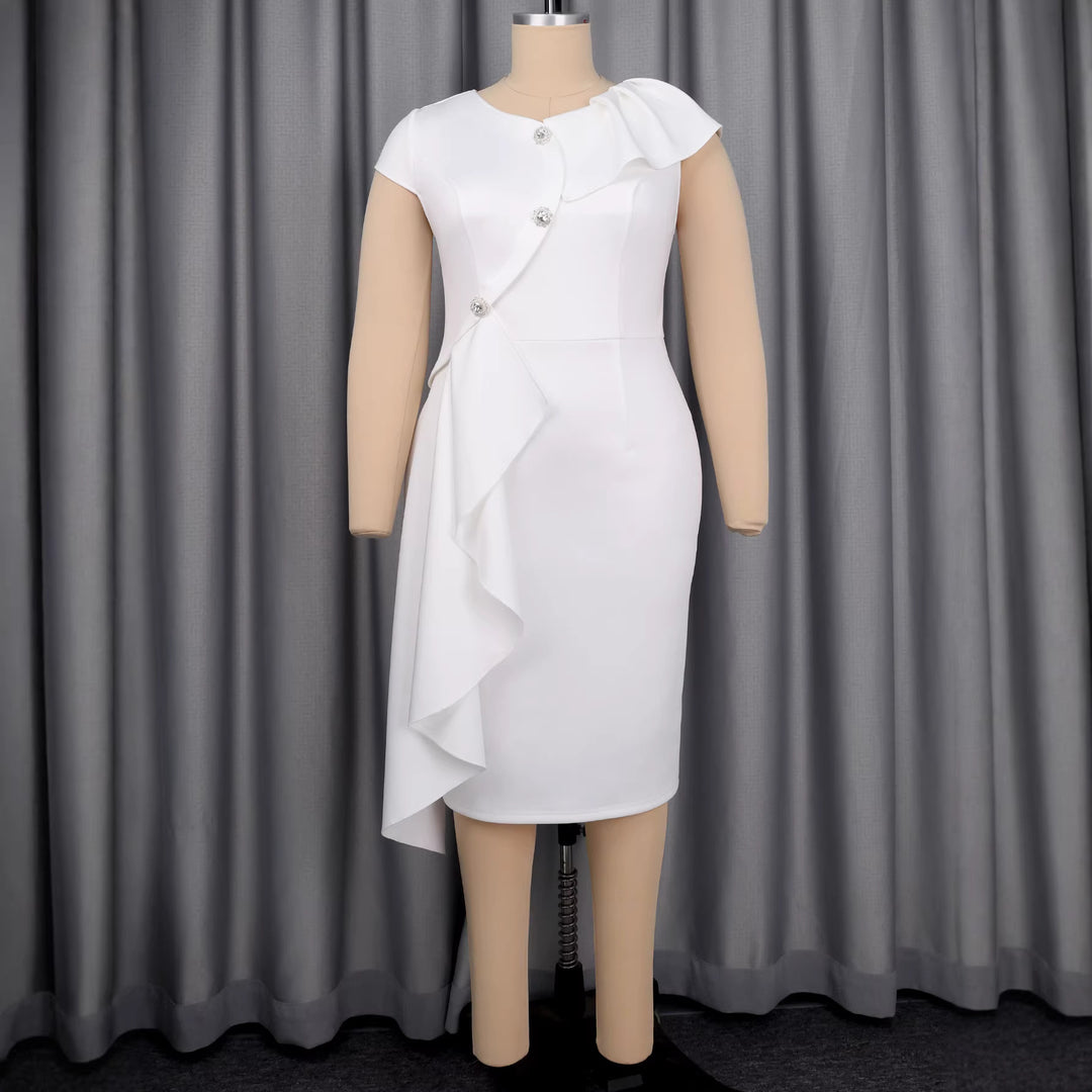 Damen elegantes Wickelkleid mit Rüschenkante und funkelnden Knopfdetails EB