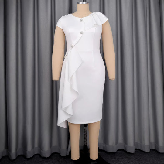 Damen elegantes Wickelkleid mit Rüschenkante und funkelnden Knopfdetails EB
