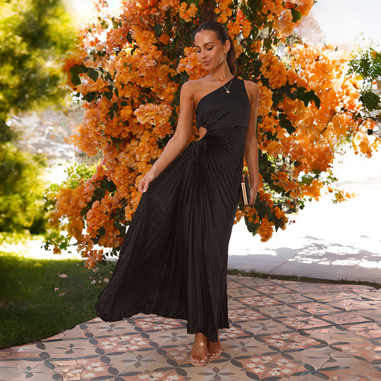 Damen Elegantes Maxikleid mit schrägem Ausschnitt und stilvollen Falten EB