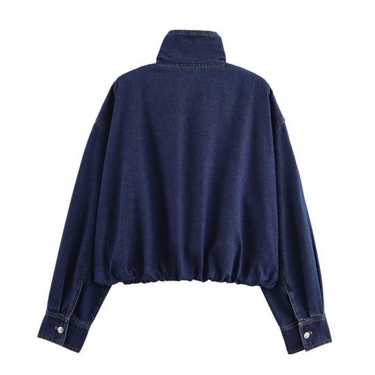 Damen modische Denimjacke mit hohem Kragen und seitlichen Taschen EB