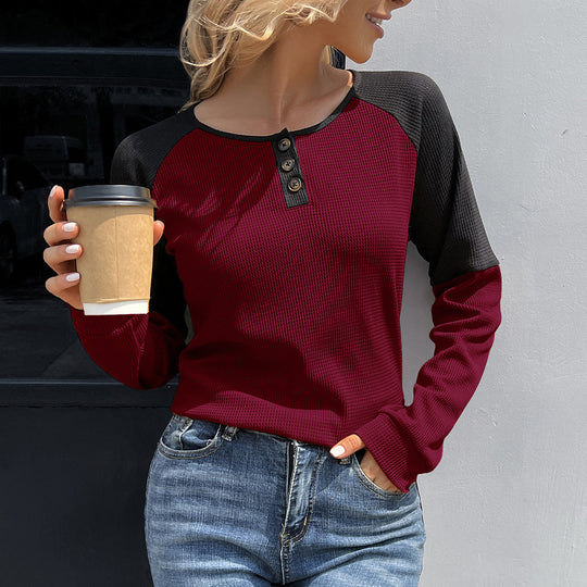 Damen lässiges Henley-Shirt aus Waffelstoff mit kontrastierenden Ärmel-Design EB
