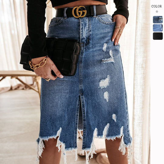 Damen Midirock im modernen Vintage-Design mit lässigem Used-Look und Fransenabschluss EB
