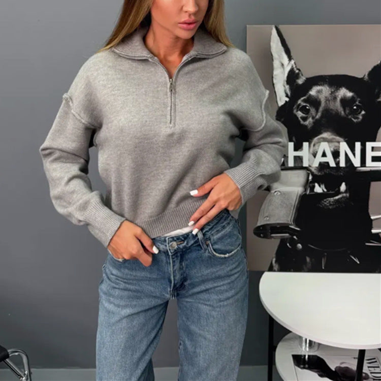 Damen modischer Sweater mit halbem Reißverschluss und weiten Ärmeln EB