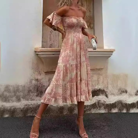 Damen Off-Shoulder Maxikleid mit Rüschendetails und elastischem Taillenband EB