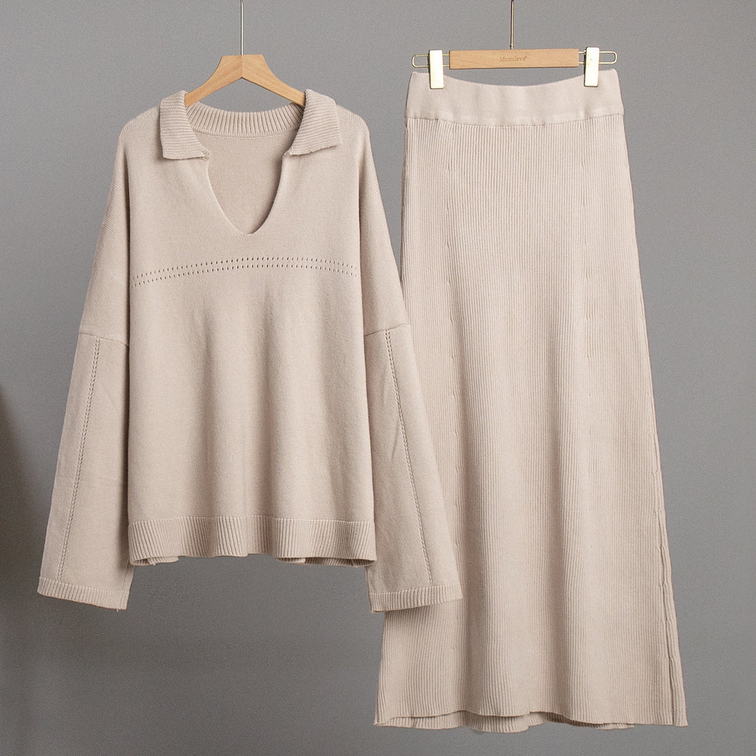 Damen Modisches Strick-Ensemble mit weitem Schnitt und tiefem V-Ausschnitt EB