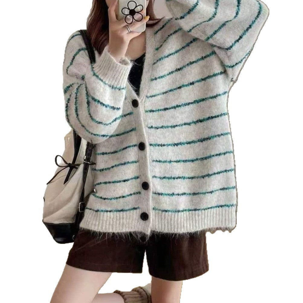 Damen Gemusterte Strickjacke mit sanften Puffärmeln und Knopfleiste EB