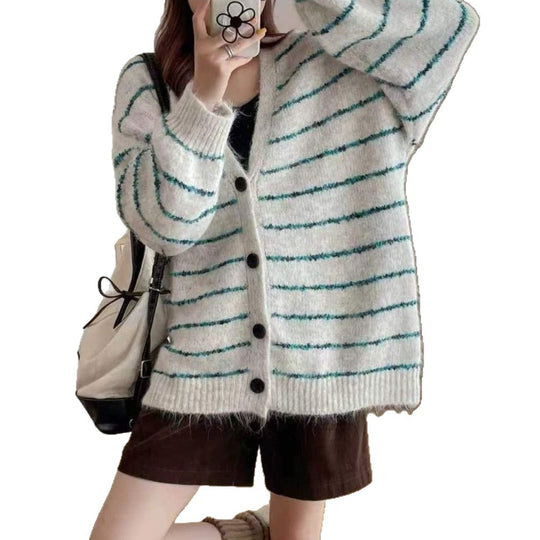 Damen Gemusterte Strickjacke mit sanften Puffärmeln und Knopfleiste EB