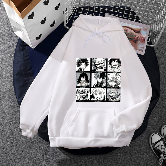 Unisex nan Kapuzenpullover mit quadratischer Manga-Charakter-Collage, leicht oversizeder Schnitt und Kängurutasche EB