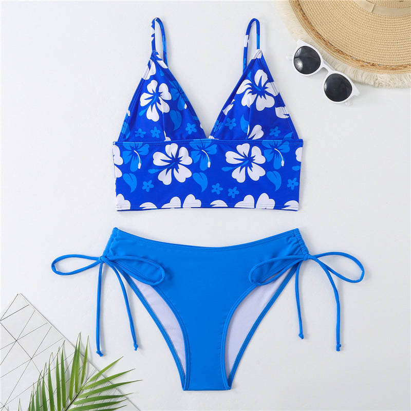 Damen Crop-Top Bikini mit verstellbaren Trägern und floralem Muster EB