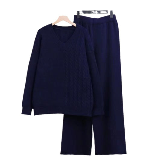Damen Kuscheliges Strickensemble mit V-Ausschnitt und weitem Bein EB