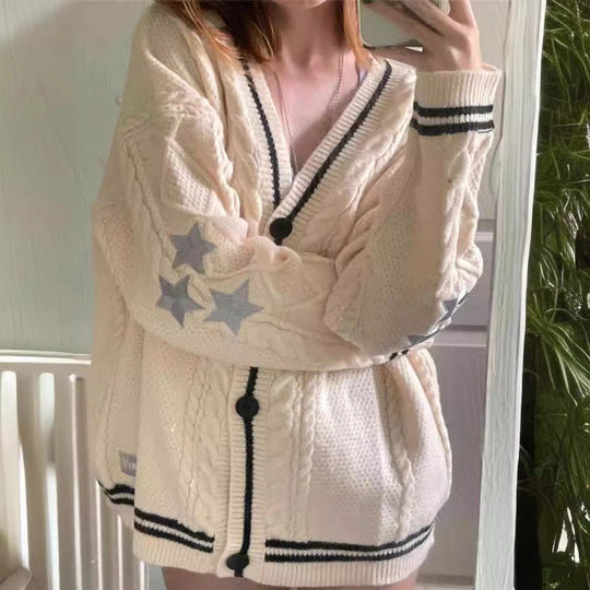 Damen oversized Strickjacke mit Sternenmuster und Kontrastbündchen EB