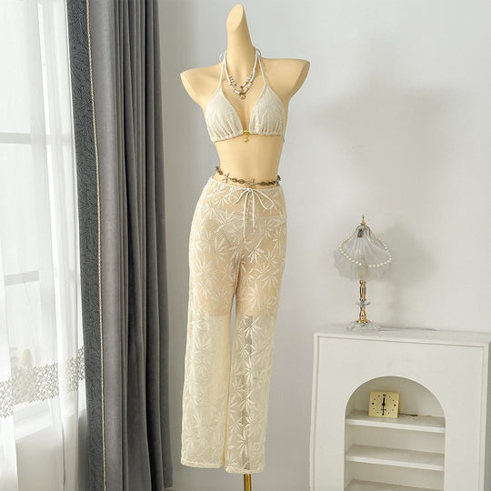 Damen Netz-Bikini-Set mit elegantem Oberteil und transparenten Palazzohosen EB