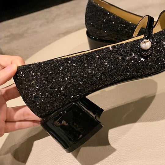 Damen Elegante Glitzer-Pumps mit doppeltem Riemchen und komfortablem Blockabsatz EB