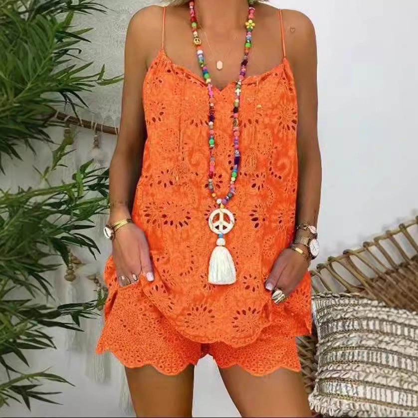 Damen luftiges Sommeroberteil mit Spitze und passenden Shorts EB