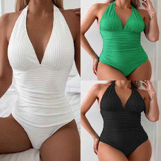 Damen Eleganter V-Ausschnitt Einteiler Badeanzug mit Ripp-Design EB