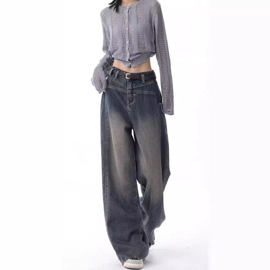 Damen Weite High-Waist Jeans mit lässigen Falten und modischem Design EB