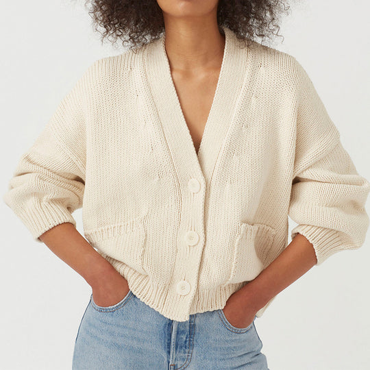 Damen lässiger Strickcardigan mit großen Taschen und Knopfverschluss EB