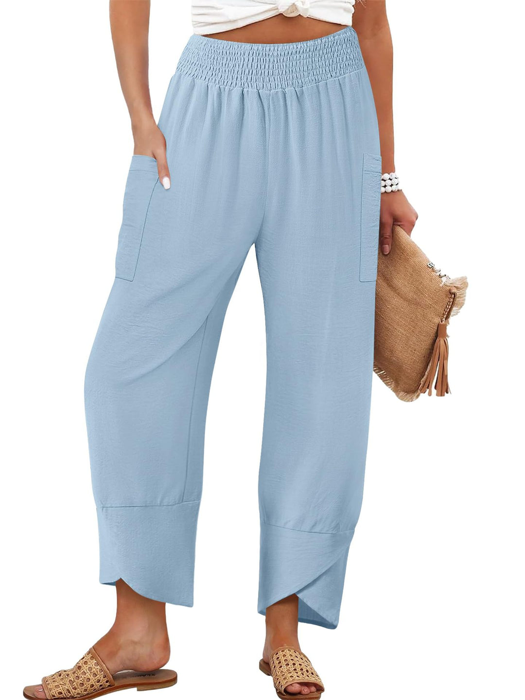 Damen Weite Sommerhose mit elastischem Bund und praktischen Taschen EB