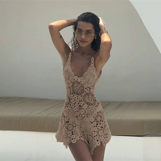 Damen gehäkeltes Strandkleid mit raffinierter Blumenspitze EB