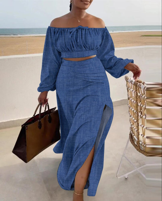 Damen Off-Shoulder Maxikleid mit eleganten Raffungseffekten und Seitenschlitz EB