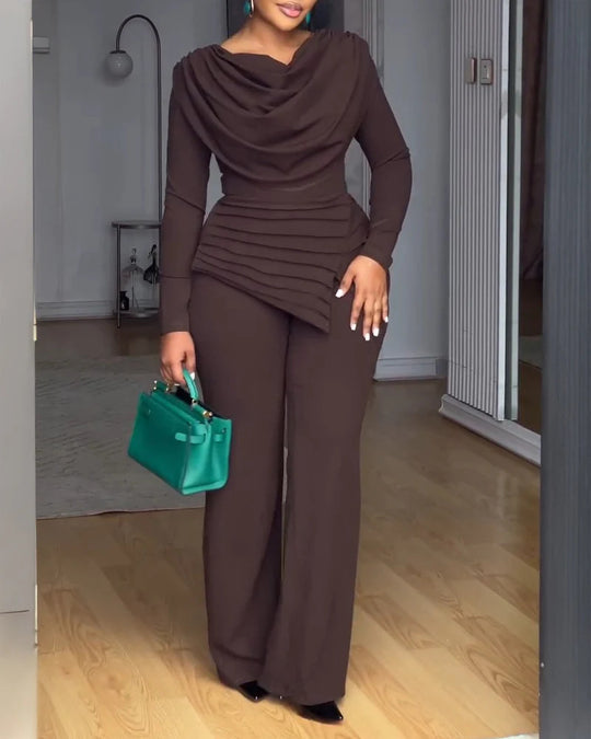 Damen Zweiteiliges Ensemble mit Wasserfall-Drapé-Oberteil, abgestuftem Peplum und gerader Bundfalten-Hose EB