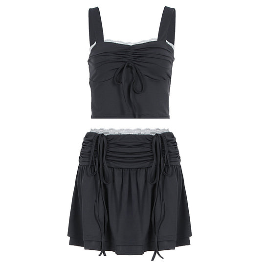 Damen modisches Crop-Top und Rock Set mit Raffungen und Bindedetails EB