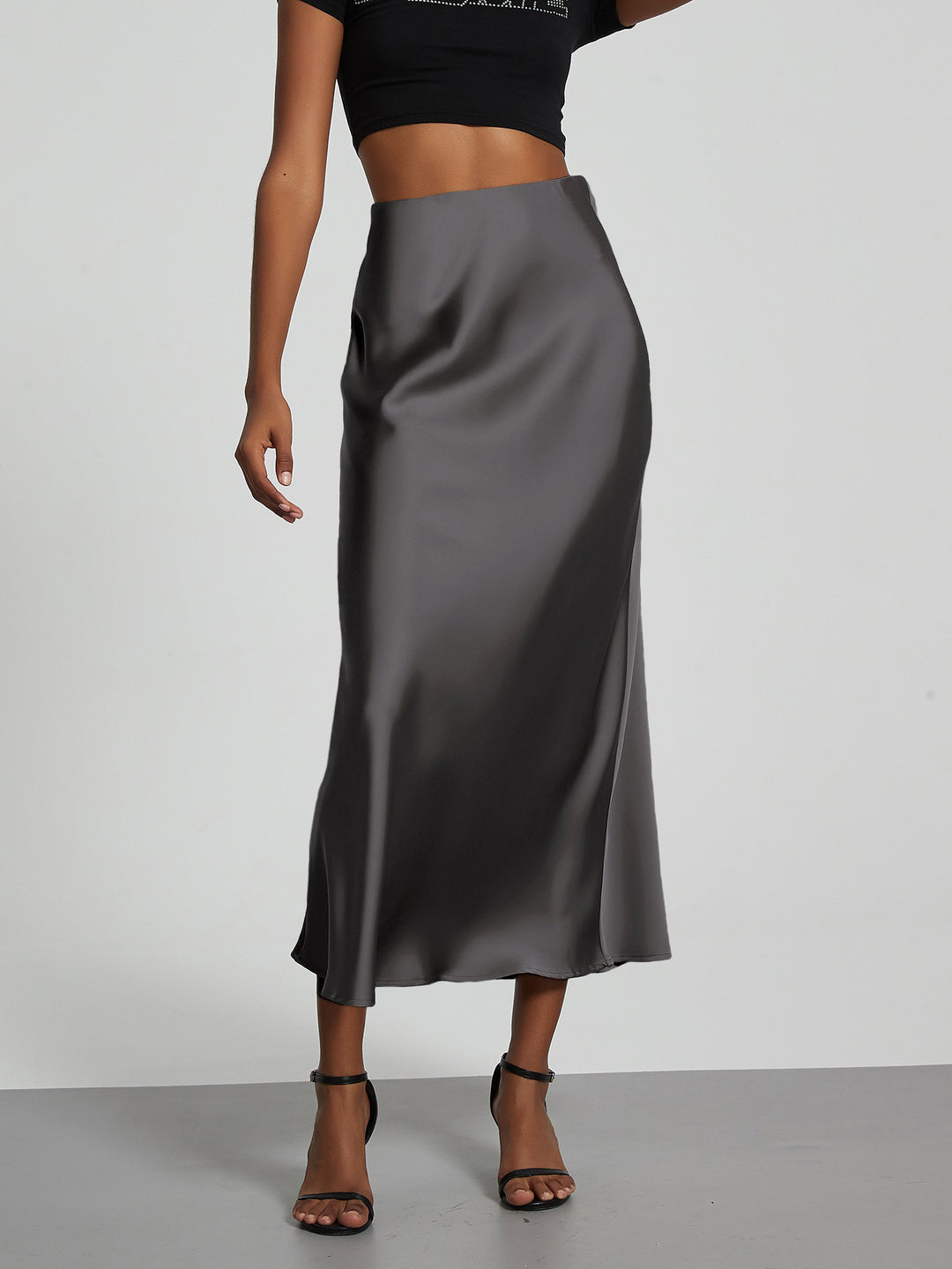 Damen Stilvolle Satin-Stretchrock mit hohem Bund und fließendem Schnitt EB
