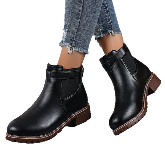 Damen Wildleder-Optik Chelsea-Stiefelette mit dekorativem Schnallenriemen, elastischem Einsatz und grober Profilsohle EB