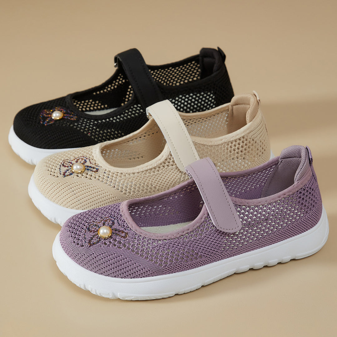 Damen nan gestrickter Mary-Jane-Sneaker mit Klettriemen, atmungsaktivem Strickoberteil, dekorativer Perlenapplikation und dämpfender EVA-Sohle EB