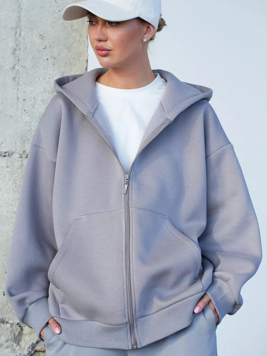 Damen lässiger Kapuzenjacke mit praktischem Reißverschluss und großen Taschen EB
