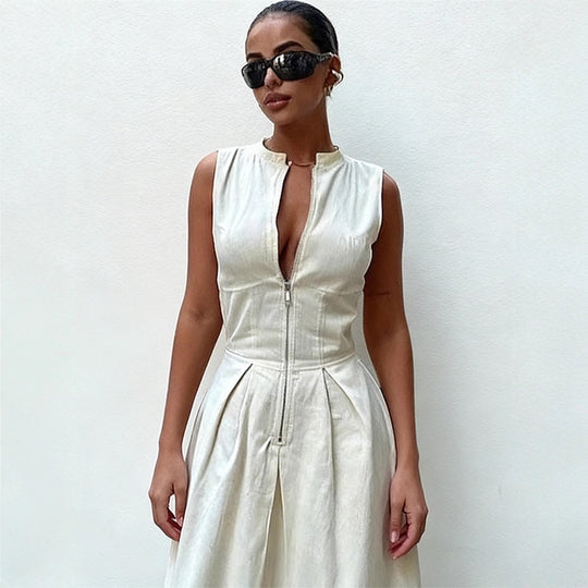 Damen elegantes Sommerkleid mit hochwertigem Reißverschluss und schwingendem Saum EB