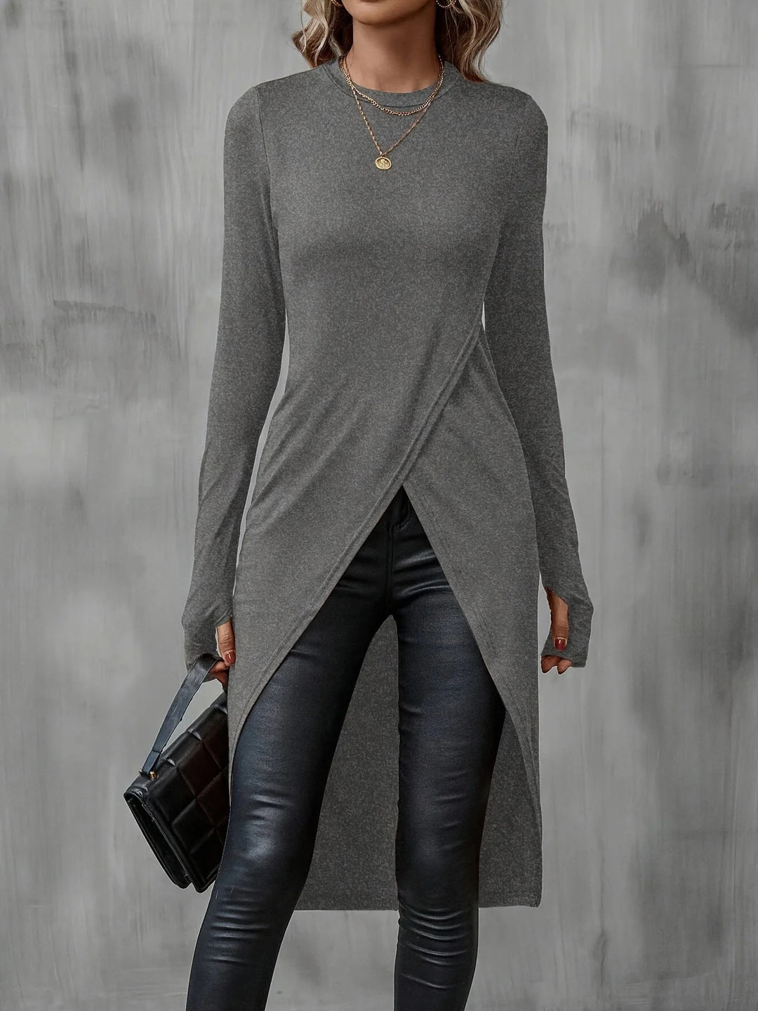 Damen Langes asymmetrisches Wickel-Tunika-Top mit Frontschlitz EB
