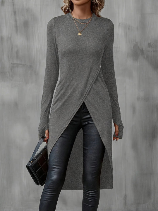 Damen Langes asymmetrisches Wickel-Tunika-Top mit Frontschlitz EB