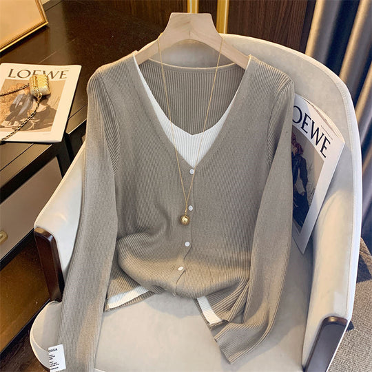 Damen lässige Strickjacke mit feiner Rippstruktur und tiefem V-Ausschnitt EB