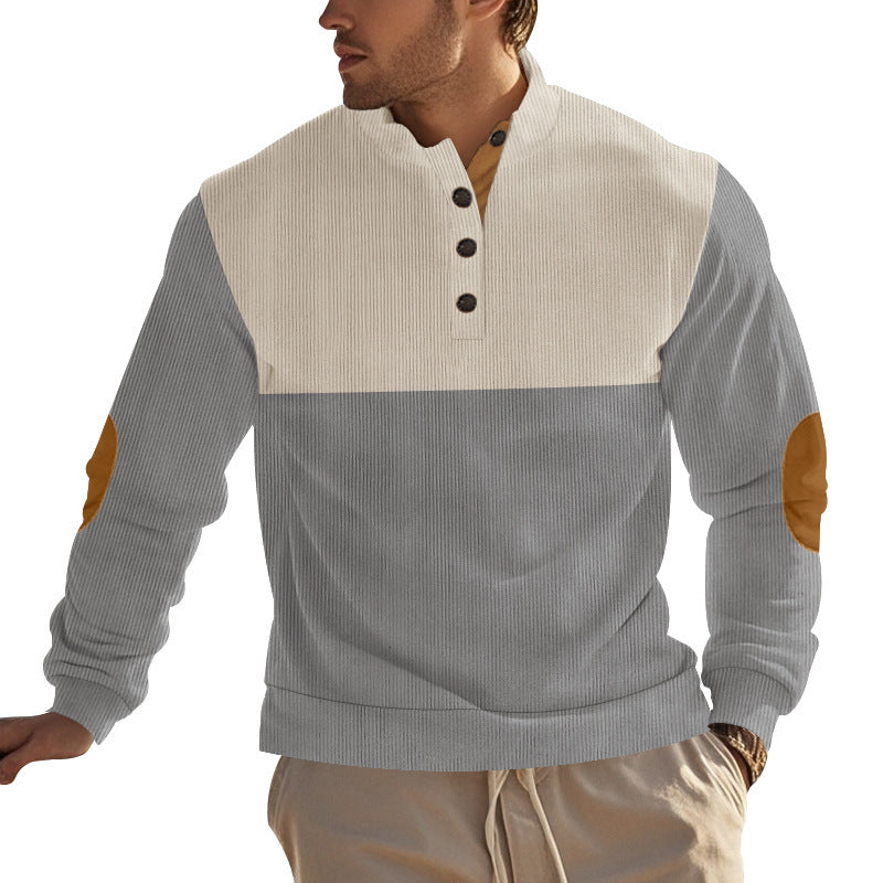 Herren nan Rippenstrickpullover mit Stehkragen Knopfleiste und Leder-Ellbogenpatches EB