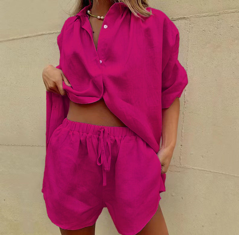 Damen lässiges Leinen-Set mit oversized Hemd und kurzen Hosen EB