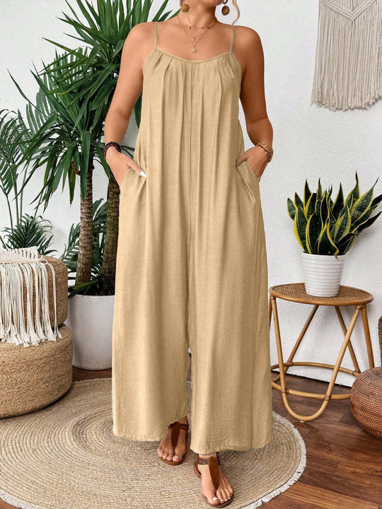 Damen luftiger Jumpsuit mit schmalen Spaghettiträgern und seitlichen Taschen EB