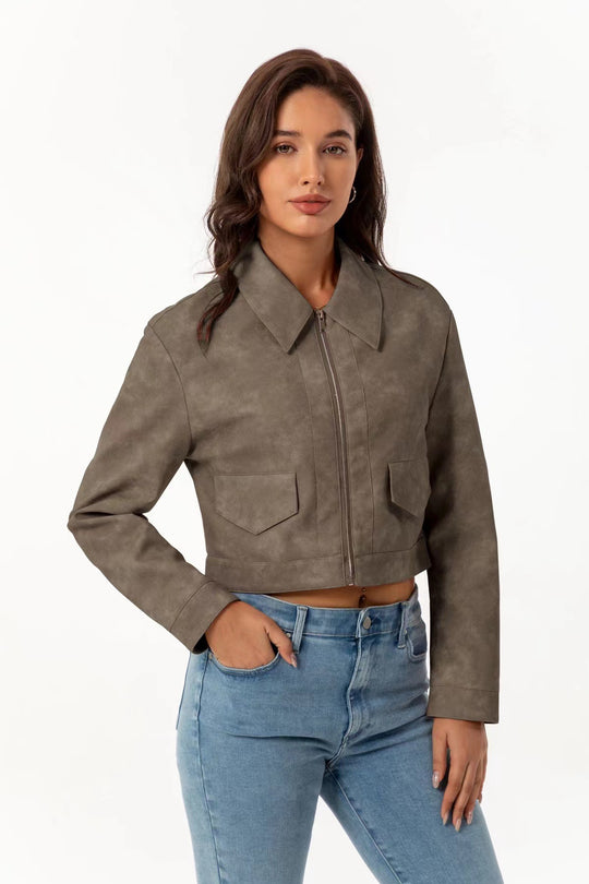 Damen modische cropped Jacke mit aufgesetzten Taschen EB