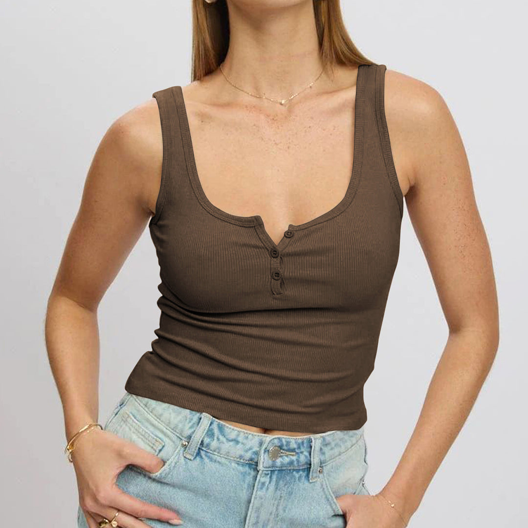 Damen körperbetontes Ripp-Top mit Knopfleiste und weitem Ausschnitt EB