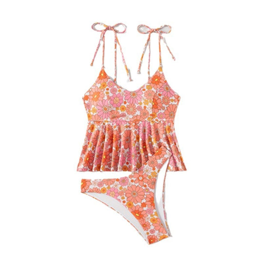Damen Blütenmuster Bikini mit voluminösem Oberteil EB