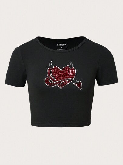 Damen Cropped T-Shirt mit kreativem Skelettdesign EB
