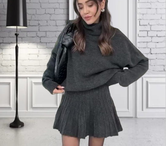 Damen Oversized Strickpullover mit hochwertiger Rippstruktur und passendem Minirock EB