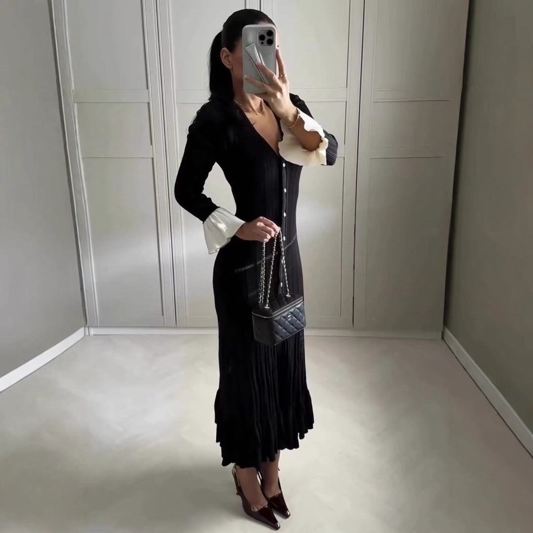 Damen Maxikleid mit eleganten Rüschenärmeln und Knopfdetails EB
