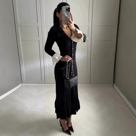 Damen Maxikleid mit eleganten Rüschenärmeln und Knopfdetails EB