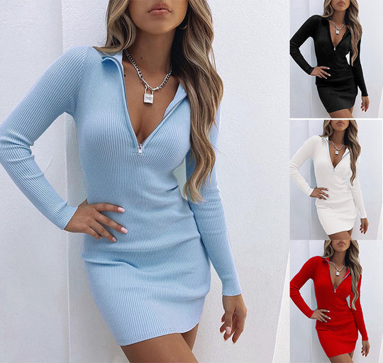 Damen Strickkleid mit Zip-Kragen und figurbetontem Schnitt EB