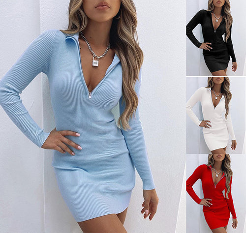 Damen Strickkleid mit Zip-Kragen und figurbetontem Schnitt EB